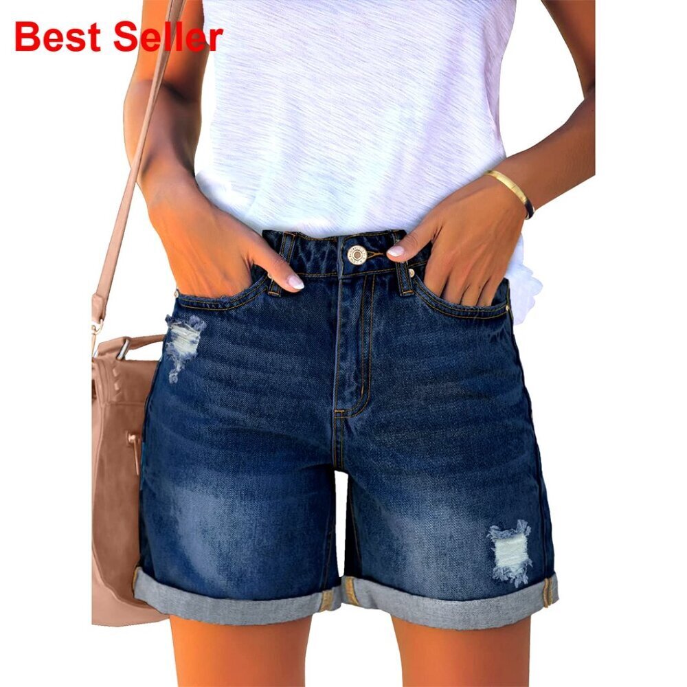 Women's Casual Ripped Denim Shorts High Rise Distressed Rolled Hem